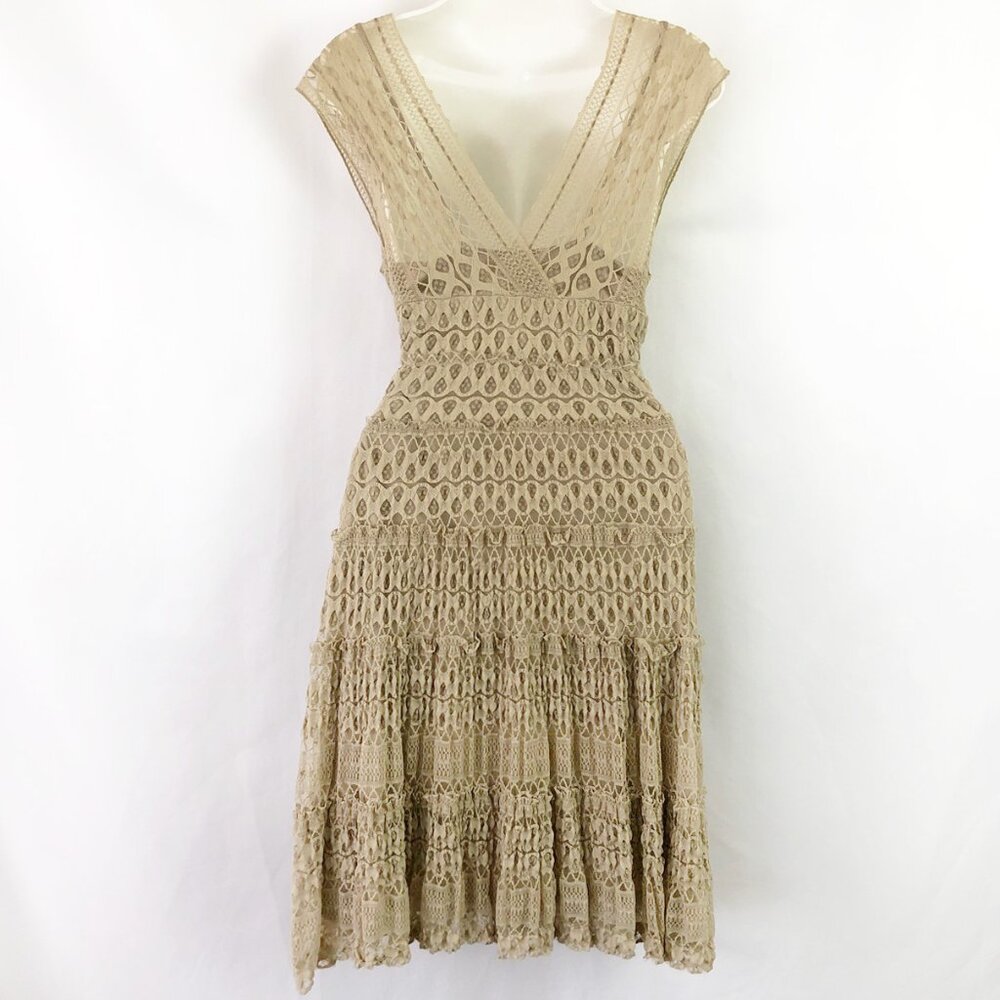 Max Studio Taupe Stretch Lace Midi Dress (L) Fit & Flare Vintage Y2K Coquette - Picture 6 of 9